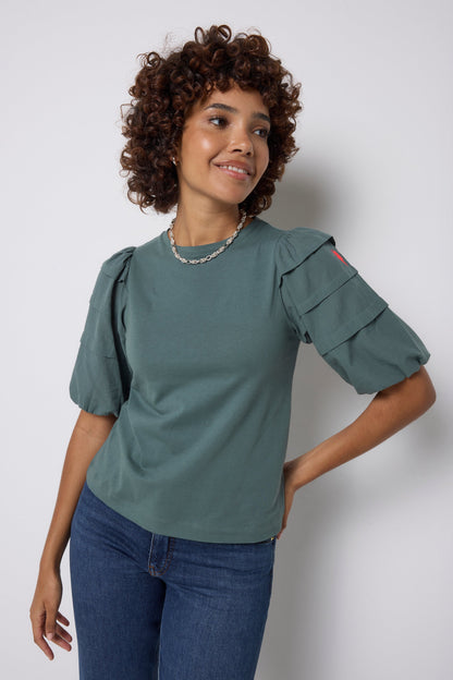 Khaki Pintuck Sleeve T-Shirt