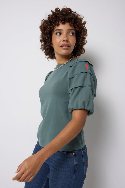 Khaki Pintuck Sleeve T-Shirt