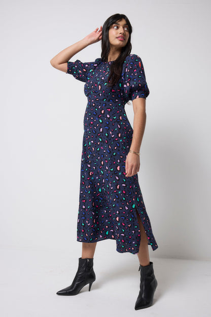 Navy with Rainbow Snow Leopard Midi Dress