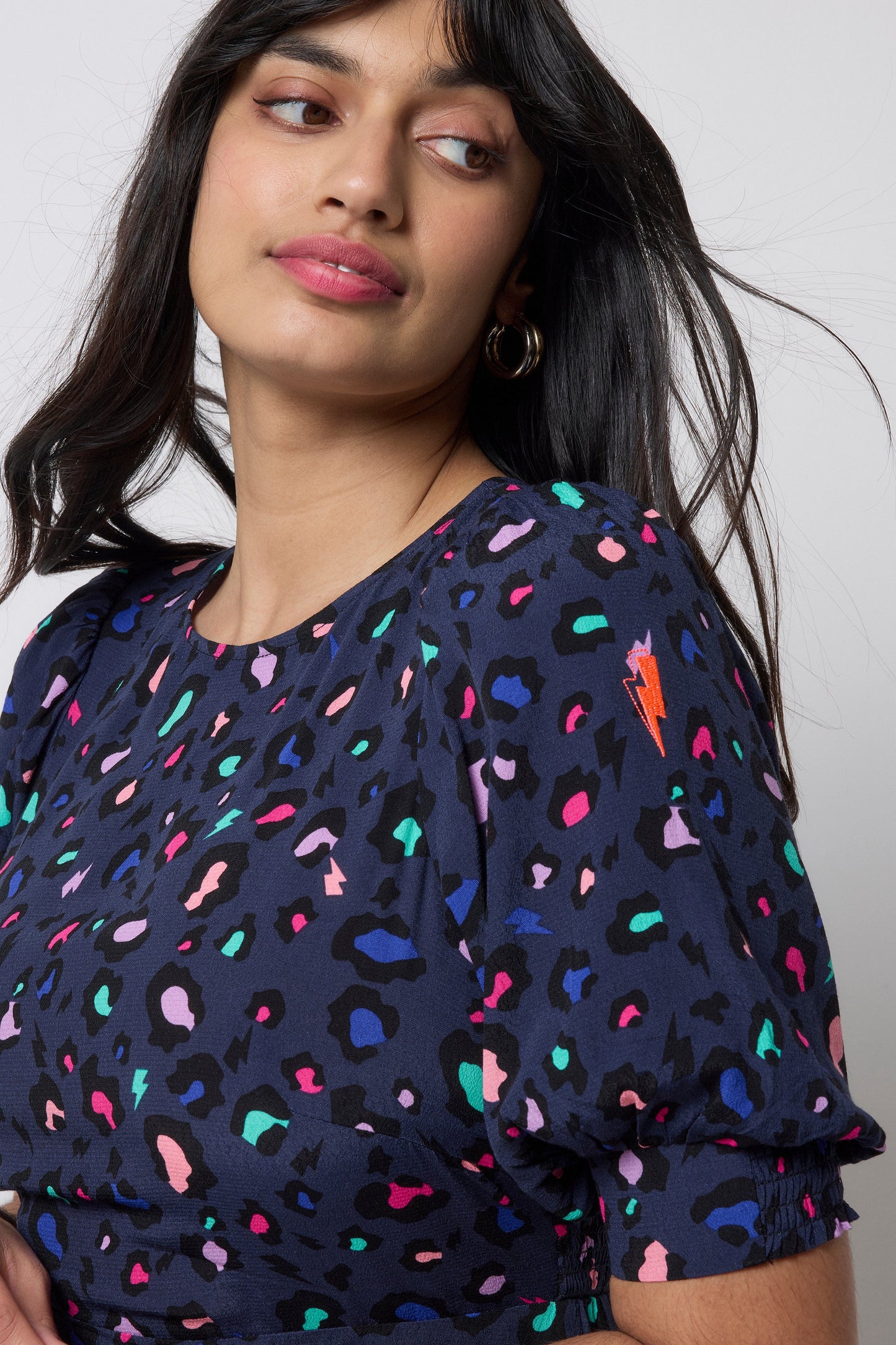 Navy with Rainbow Snow Leopard Midi Dress