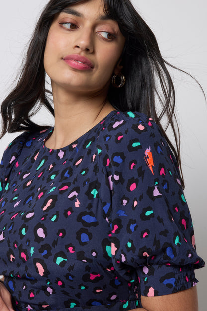 Navy with Rainbow Snow Leopard Midi Dress