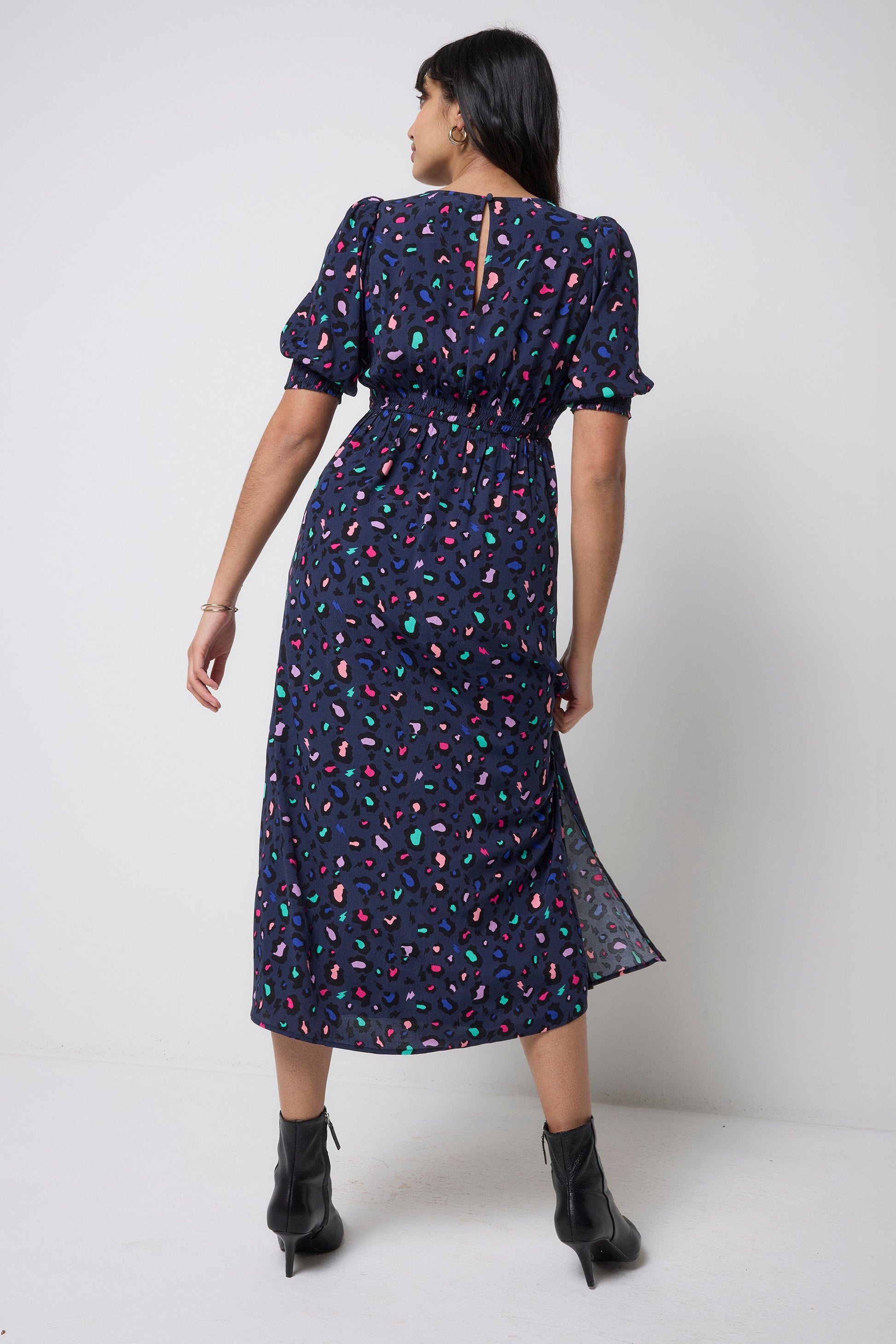 Navy with Rainbow Snow Leopard Midi Dress
