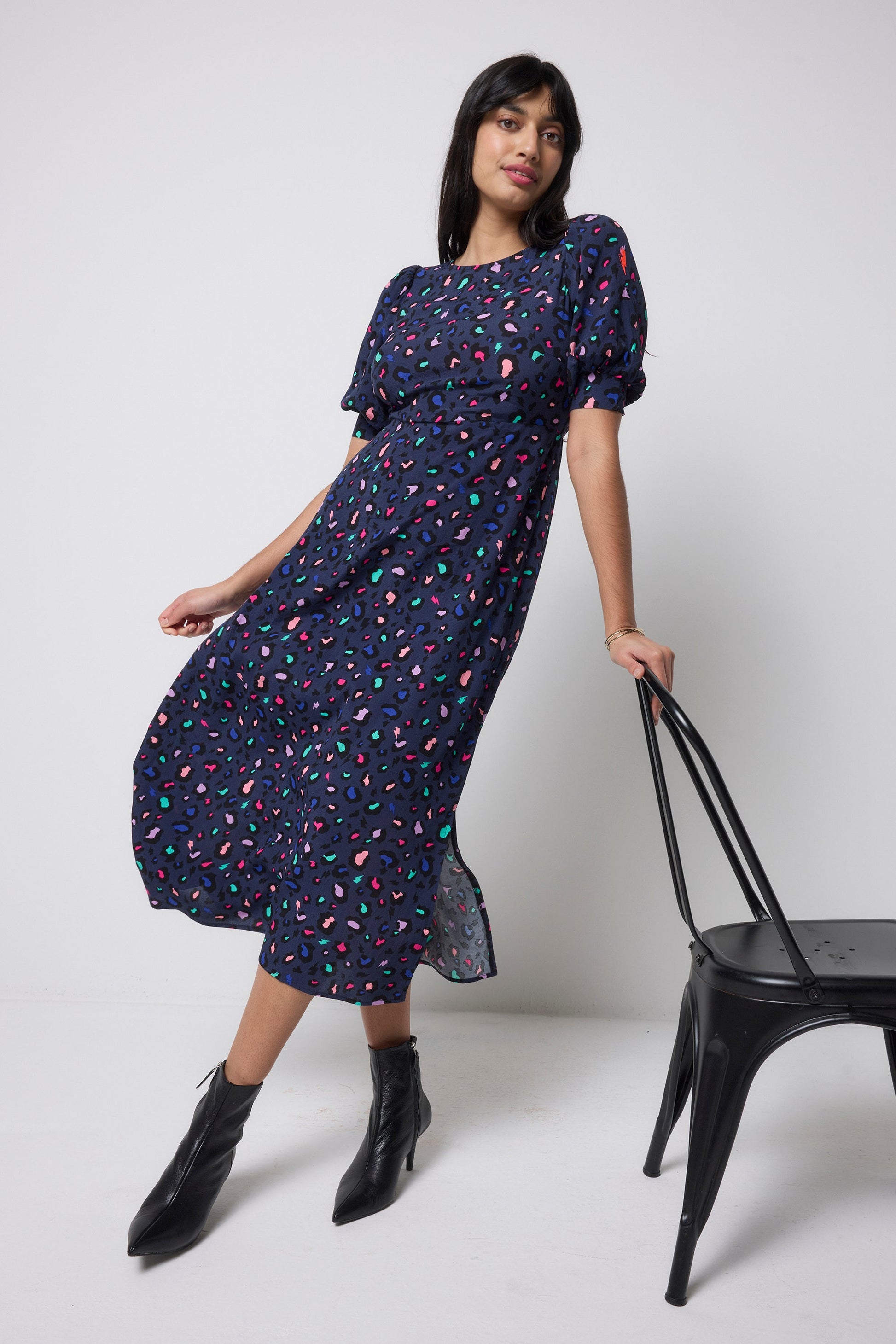 Navy with Rainbow Snow Leopard Midi Dress