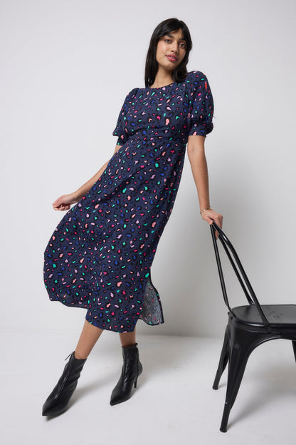 Navy with Rainbow Snow Leopard Midi Dress