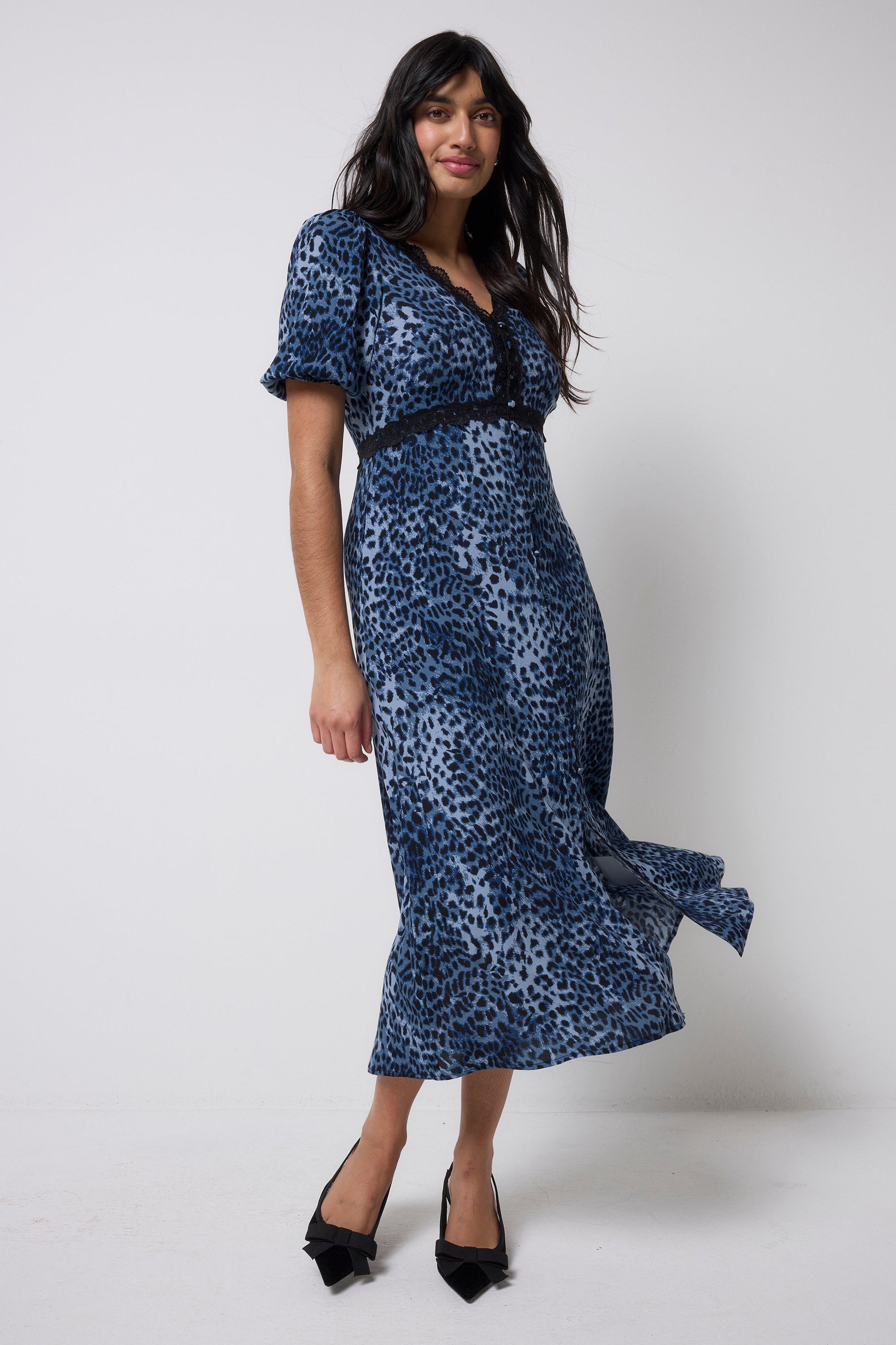 Navy Cheetah Lace Trim Puff Sleeve Midi Tea Dress