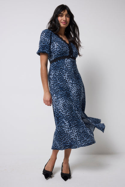 Navy Cheetah Lace Trim Puff Sleeve Midi Tea Dress