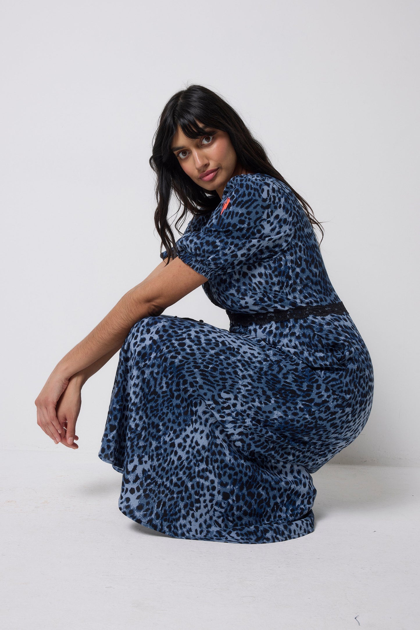 Navy Cheetah Lace Trim Puff Sleeve Midi Tea Dress