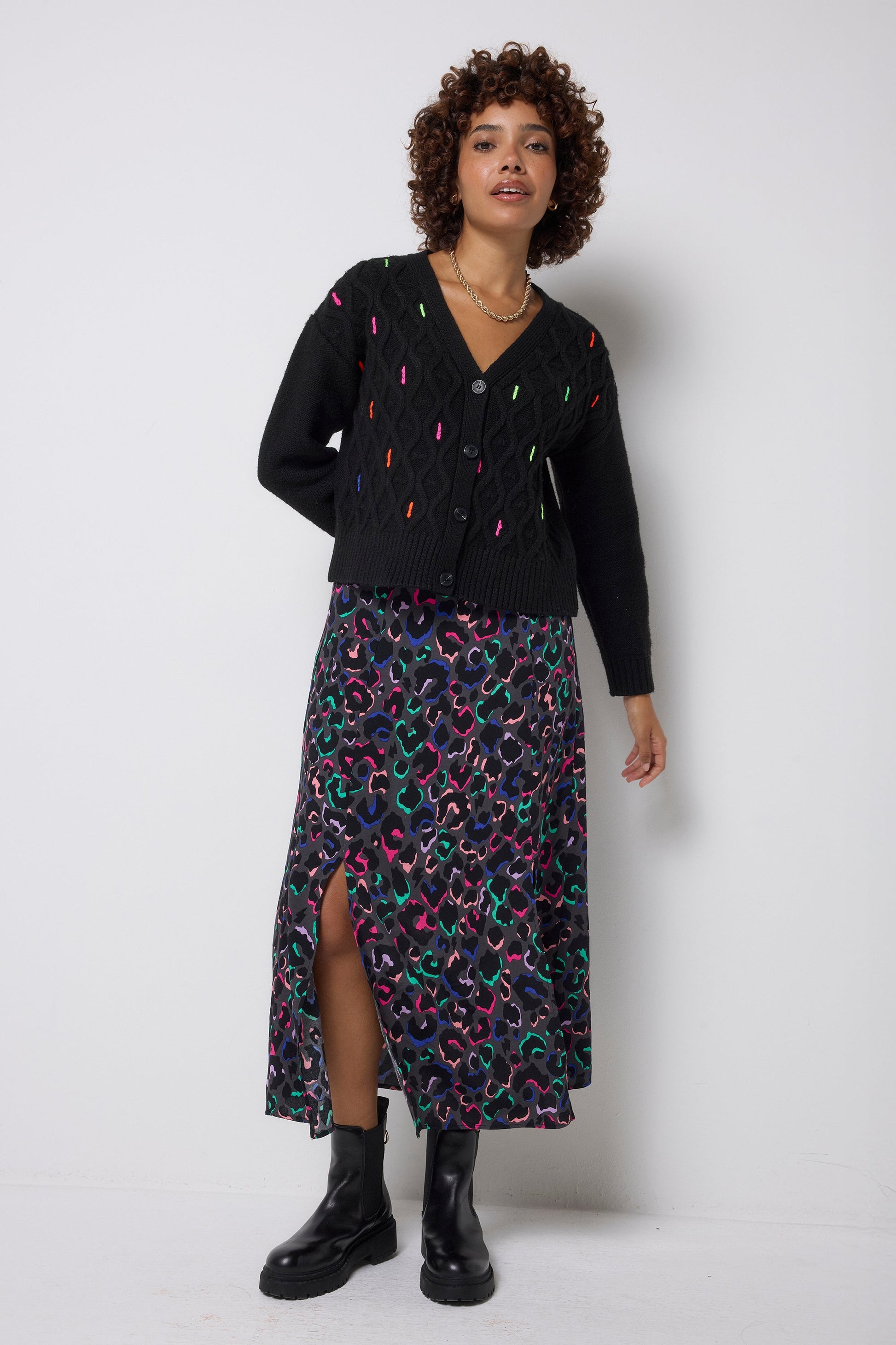 Grey with Rainbow Ziggy Leopard Split Front Skirt
