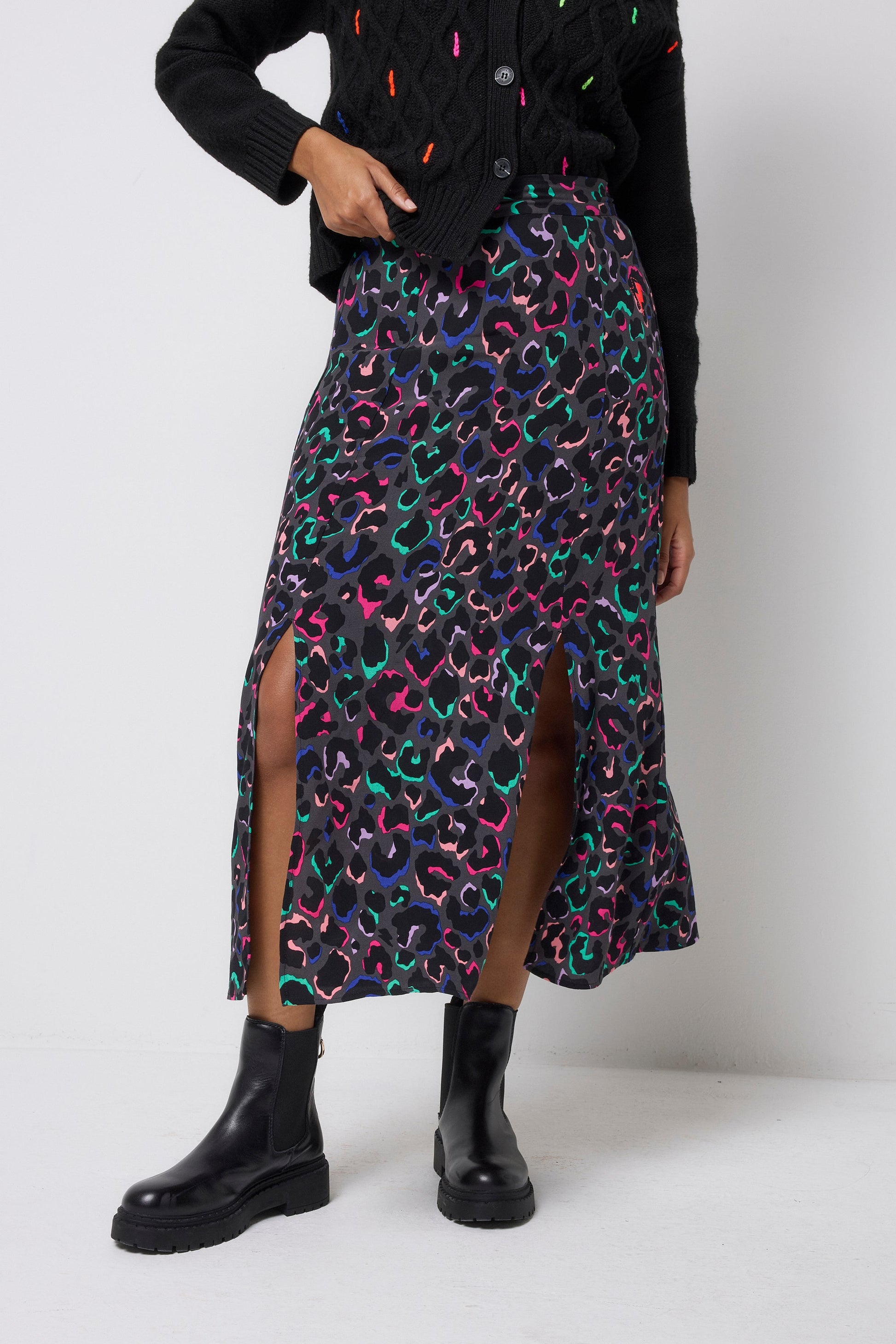 Grey with Rainbow Ziggy Leopard Split Front Skirt