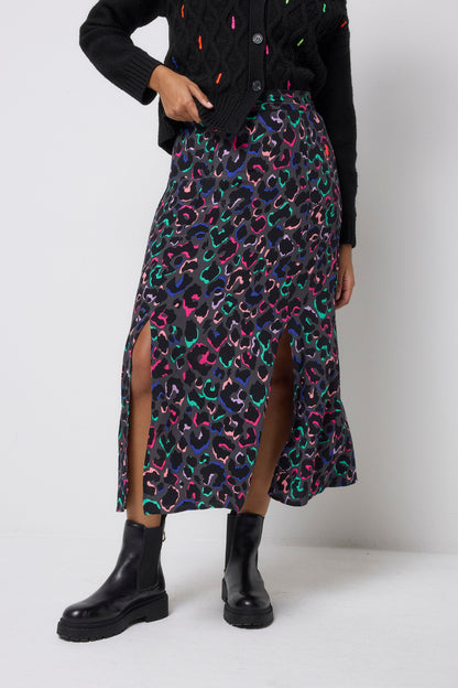 Grey with Rainbow Ziggy Leopard Split Front Skirt