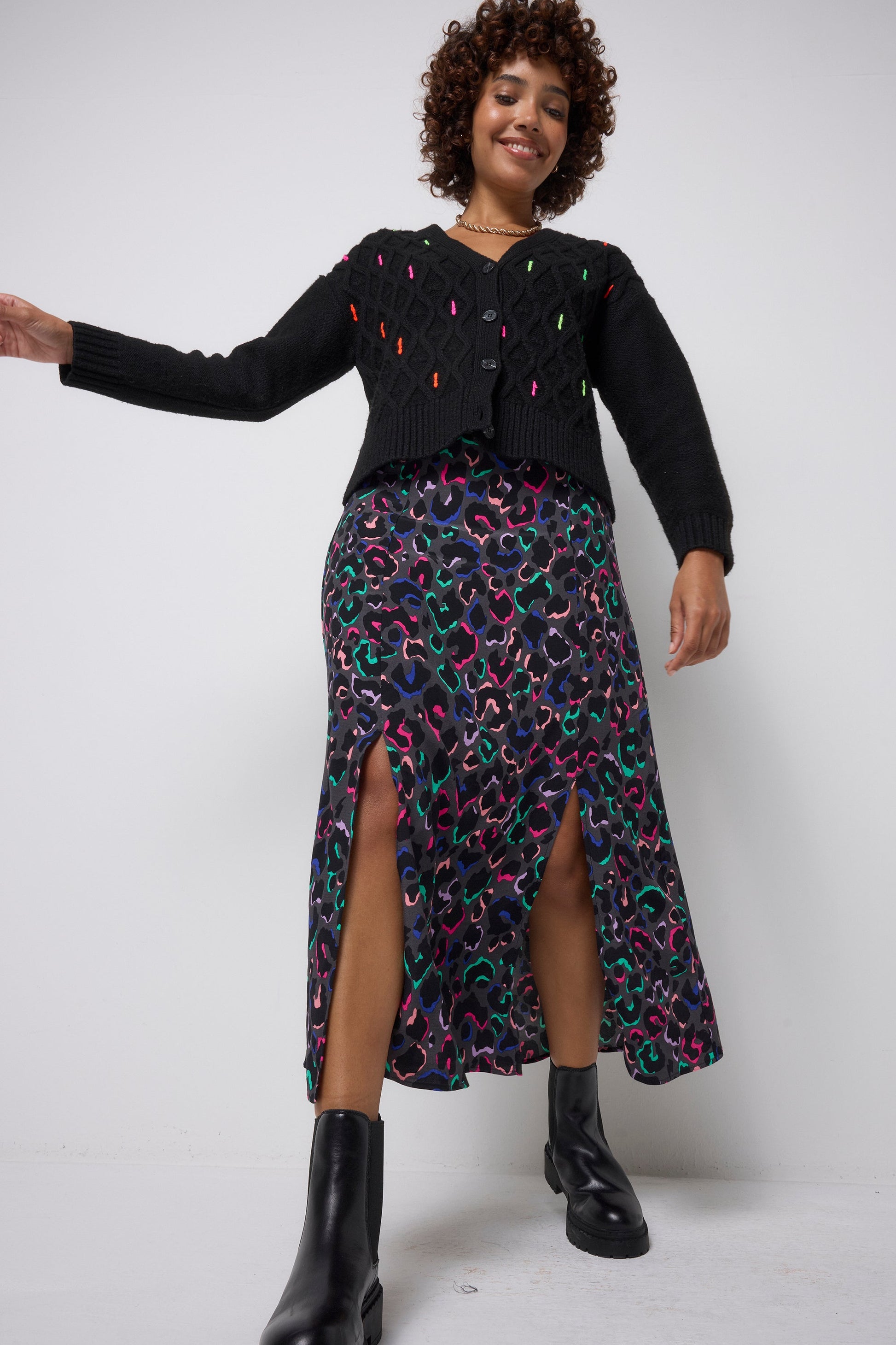 Grey with Rainbow Ziggy Leopard Split Front Skirt