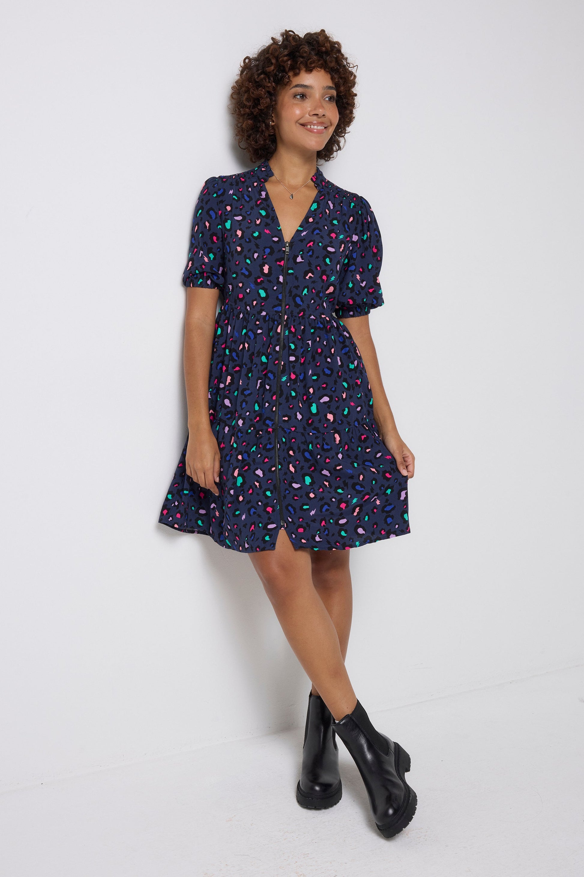 Navy with Rainbow Snow Leopard Zip Detail Tiered Short Dress