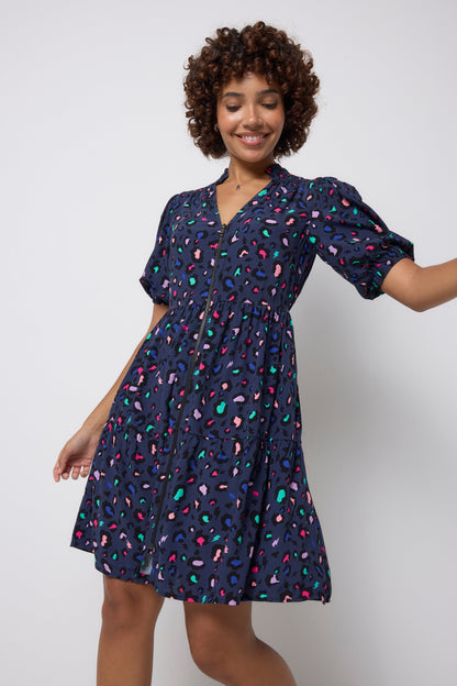 Navy with Rainbow Snow Leopard Zip Detail Tiered Short Dress