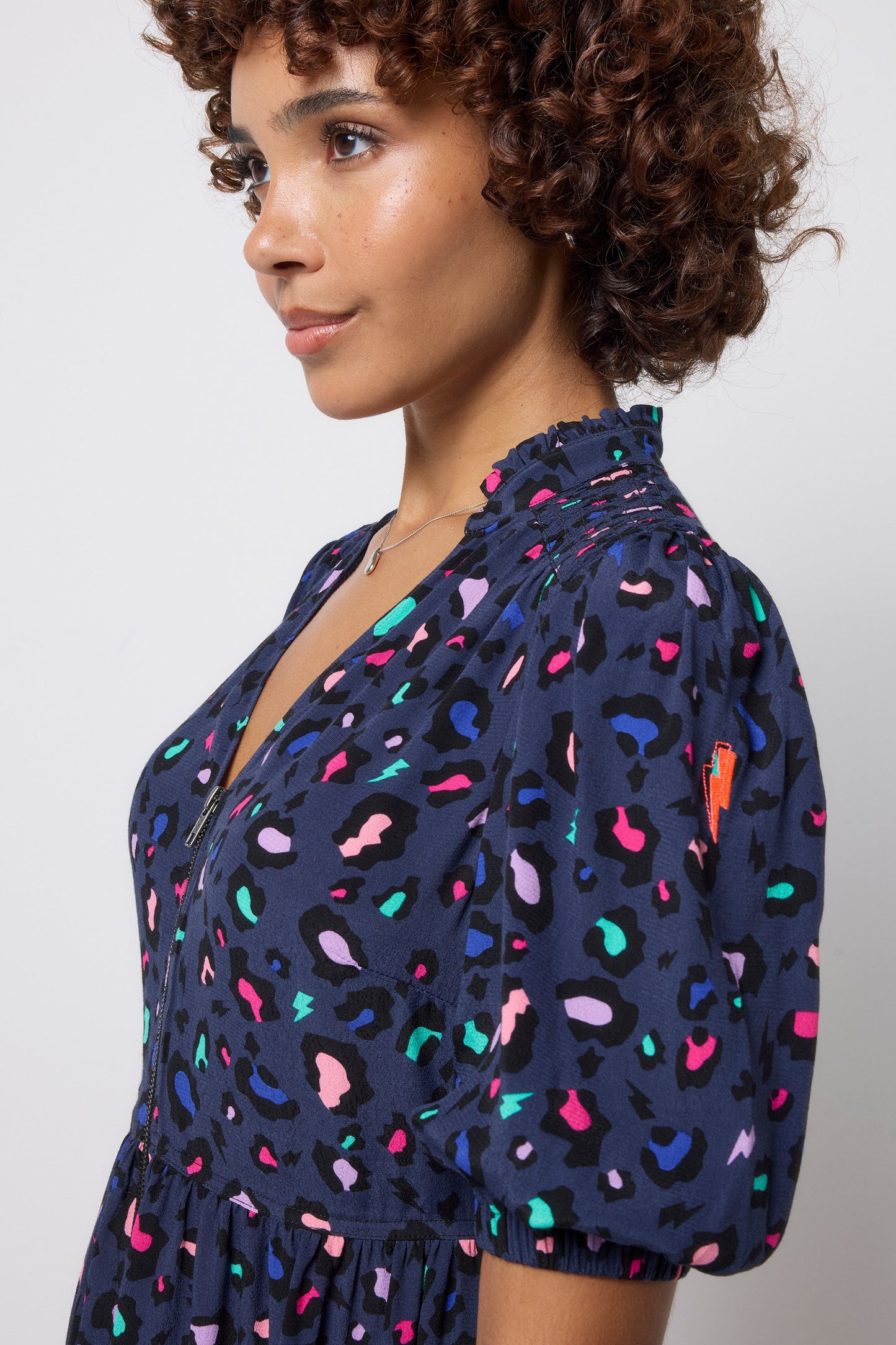 Navy with Rainbow Snow Leopard Zip Detail Tiered Short Dress
