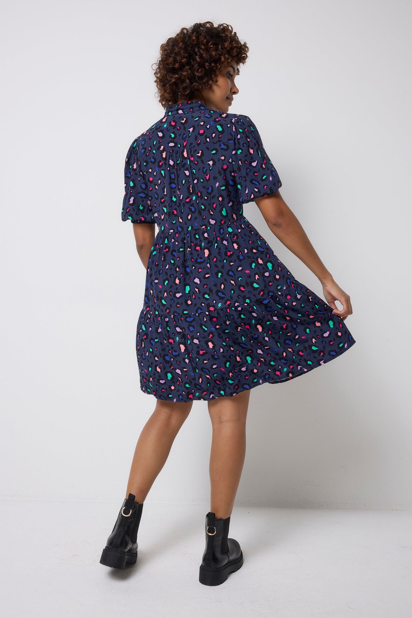 Navy with Rainbow Snow Leopard Zip Detail Tiered Short Dress