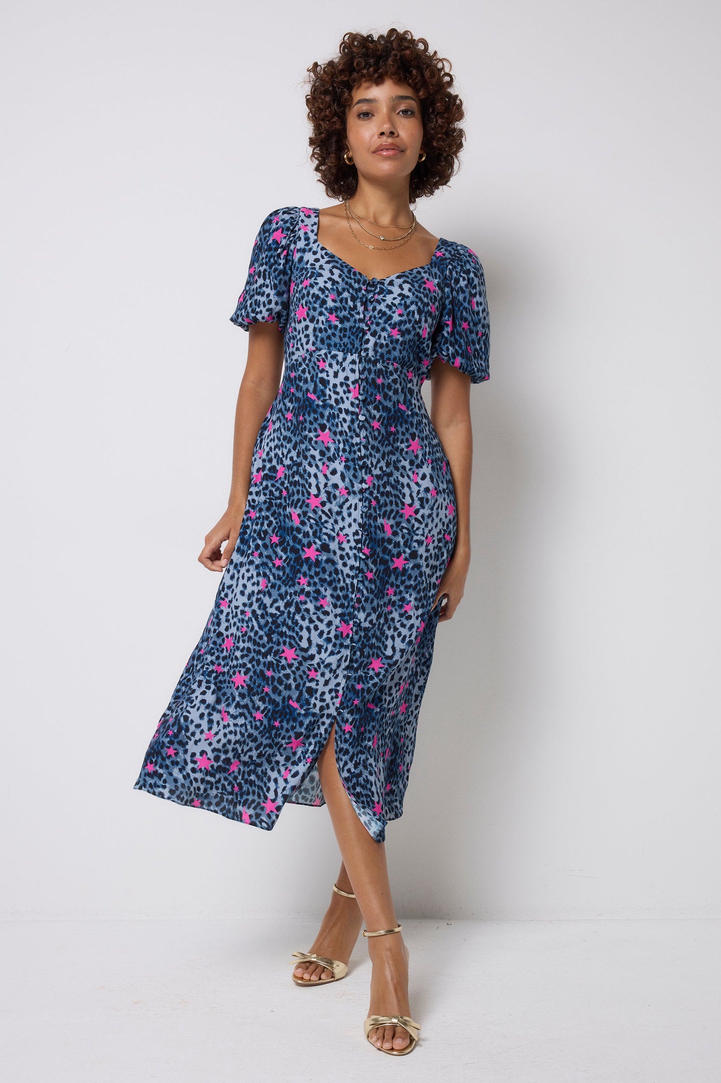 Navy with Pink Star Cheetah Puff Sleeve Midi Tea Dress