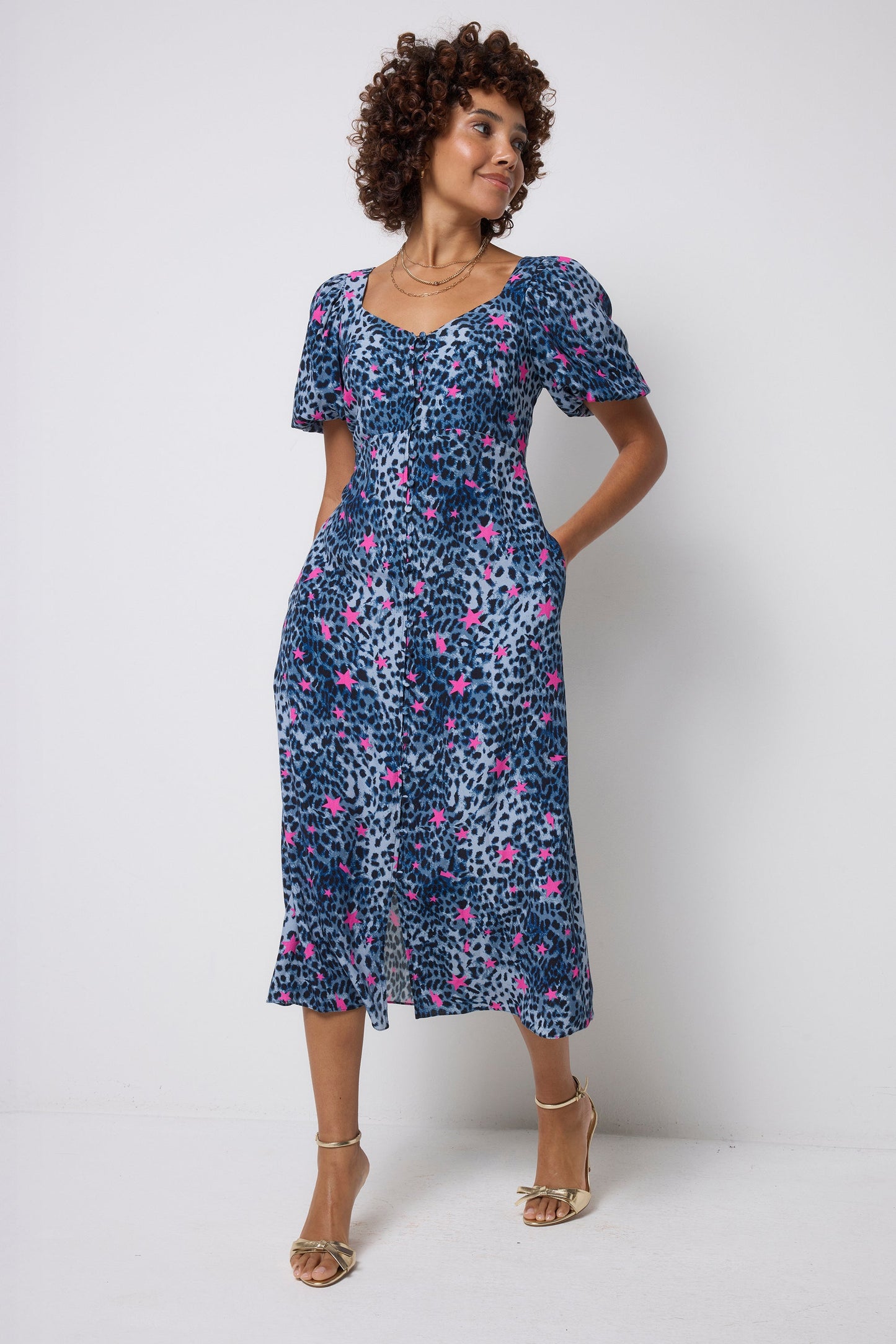 Navy with Pink Star Cheetah Puff Sleeve Midi Tea Dress