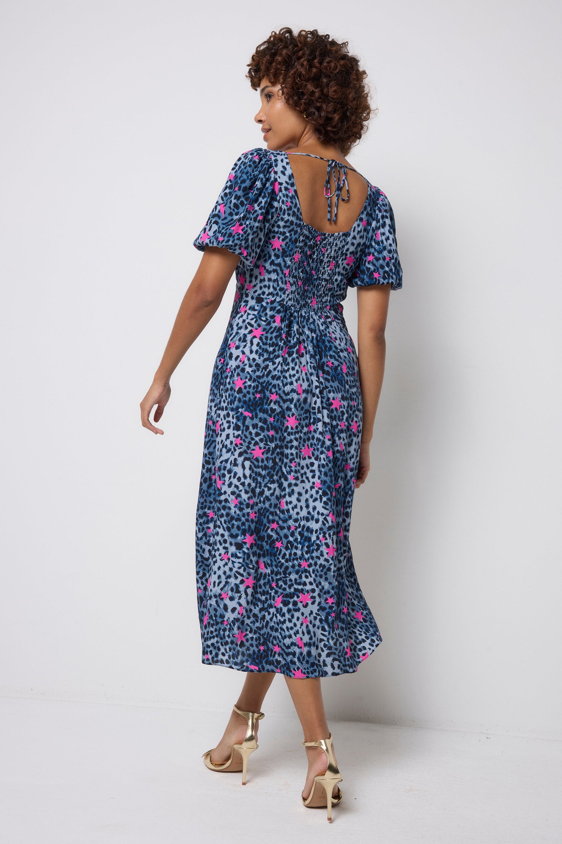 Navy with Pink Star Cheetah Puff Sleeve Midi Tea Dress