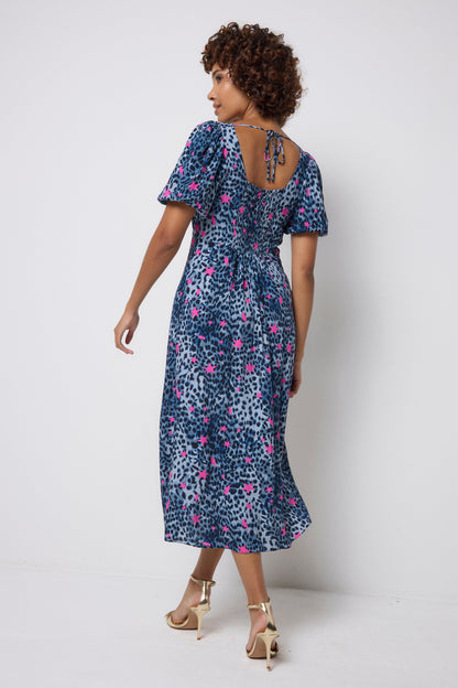Navy with Pink Star Cheetah Puff Sleeve Midi Tea Dress