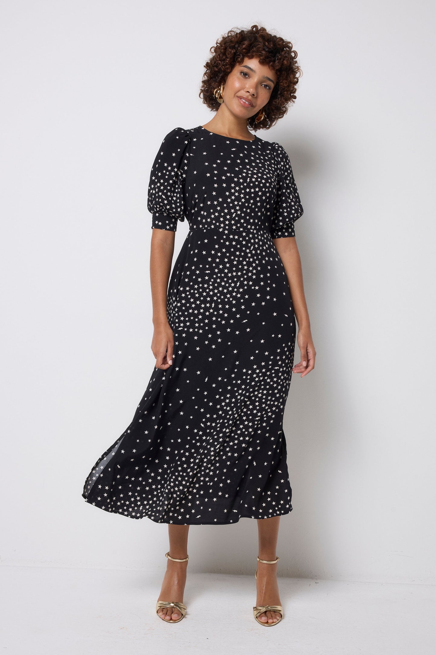 Black with White Star Cluster Midi Dress