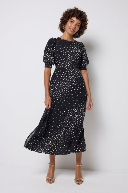 Black with White Star Cluster Midi Dress