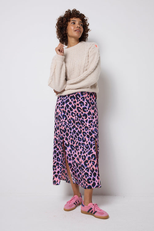 Pink with Blue and Black Shadow Leopard Split Front Skirt