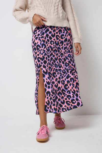 Pink with Blue and Black Shadow Leopard Split Front Skirt