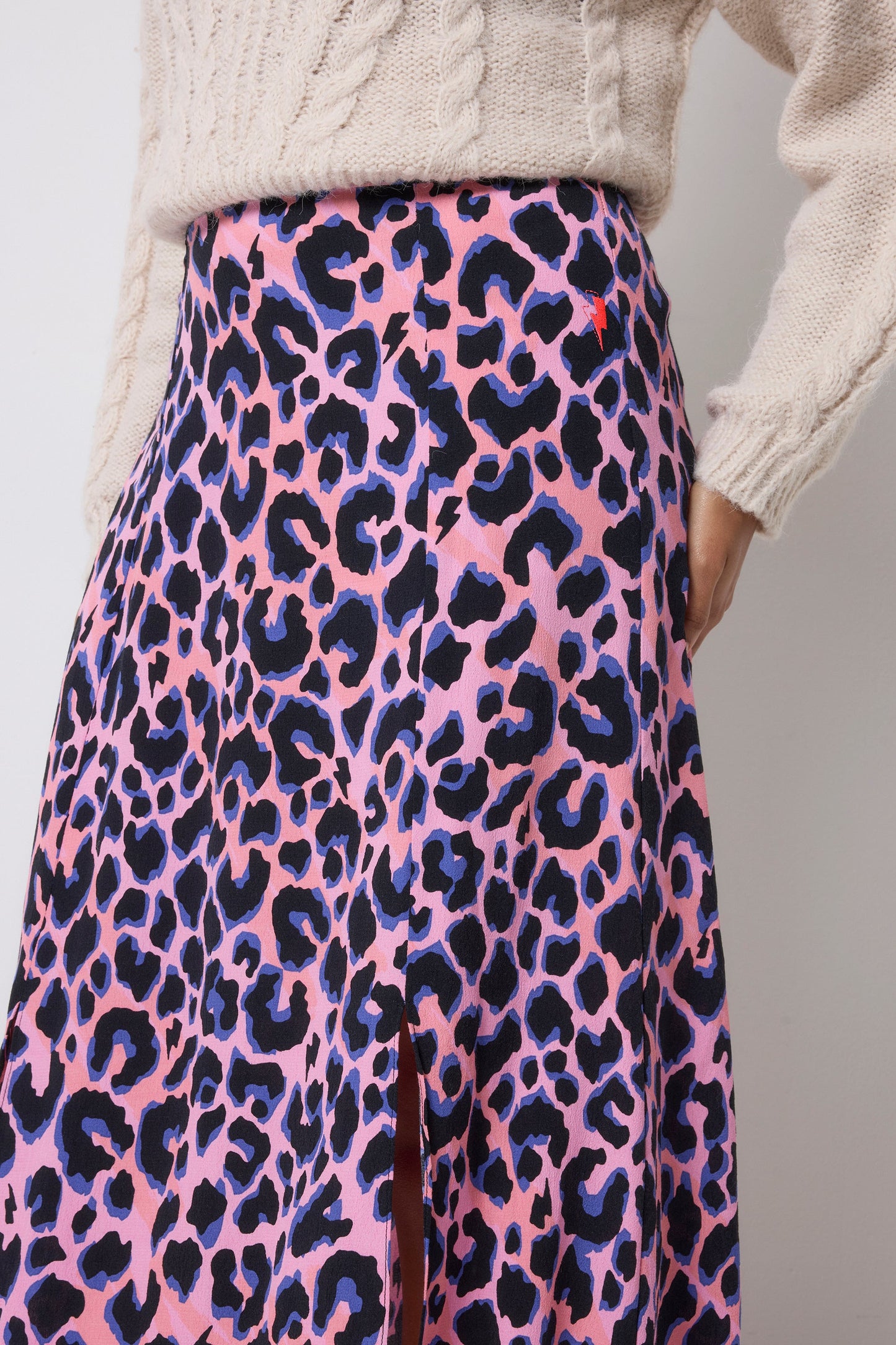 Pink with Blue and Black Shadow Leopard Split Front Skirt