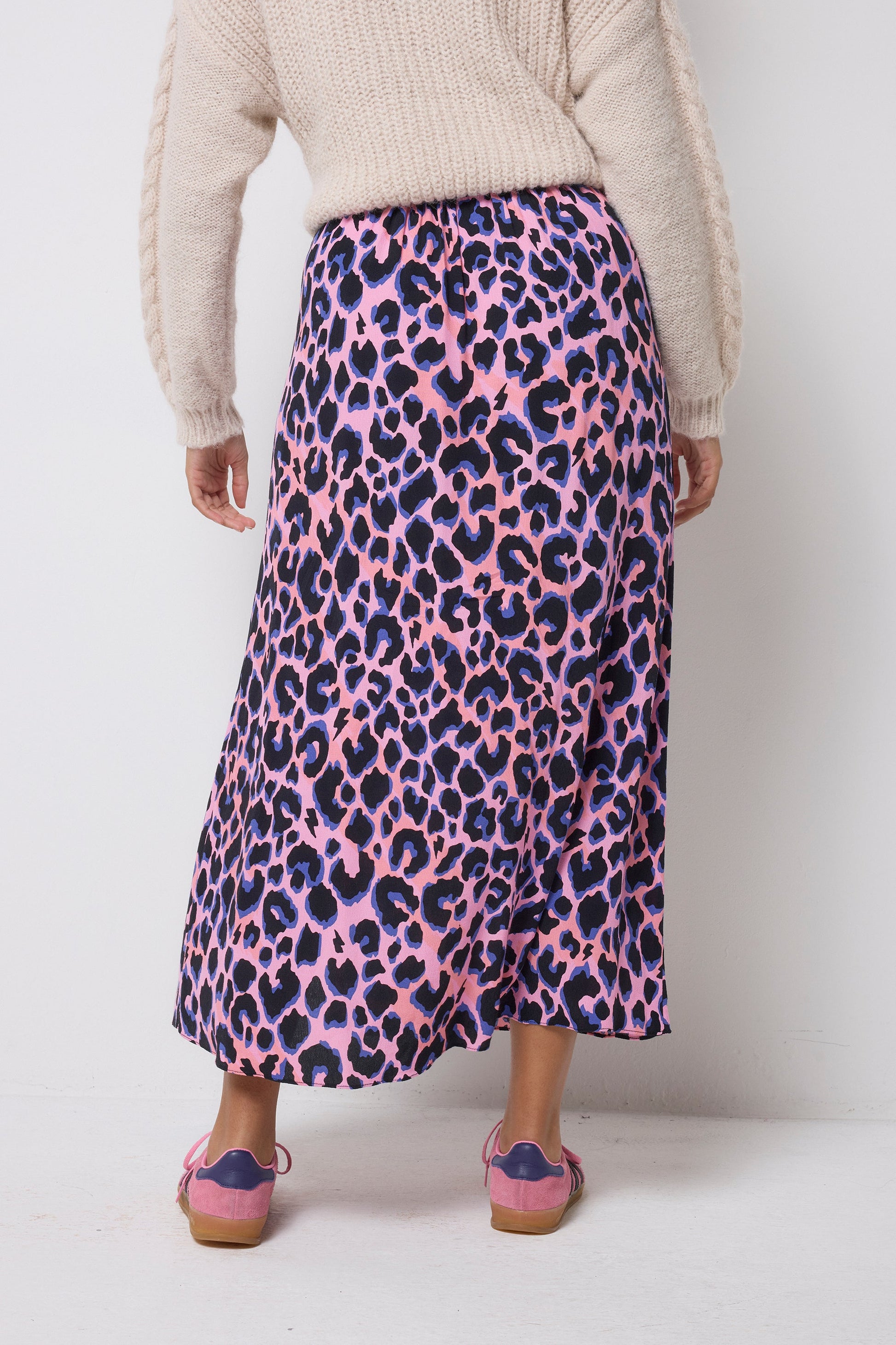 Pink with Blue and Black Shadow Leopard Split Front Skirt