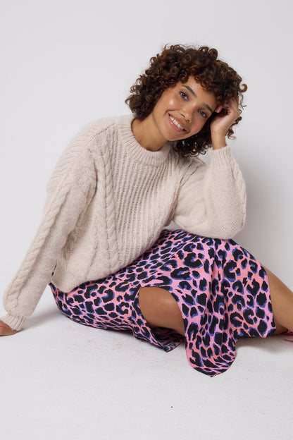Pink with Blue and Black Shadow Leopard Split Front Skirt