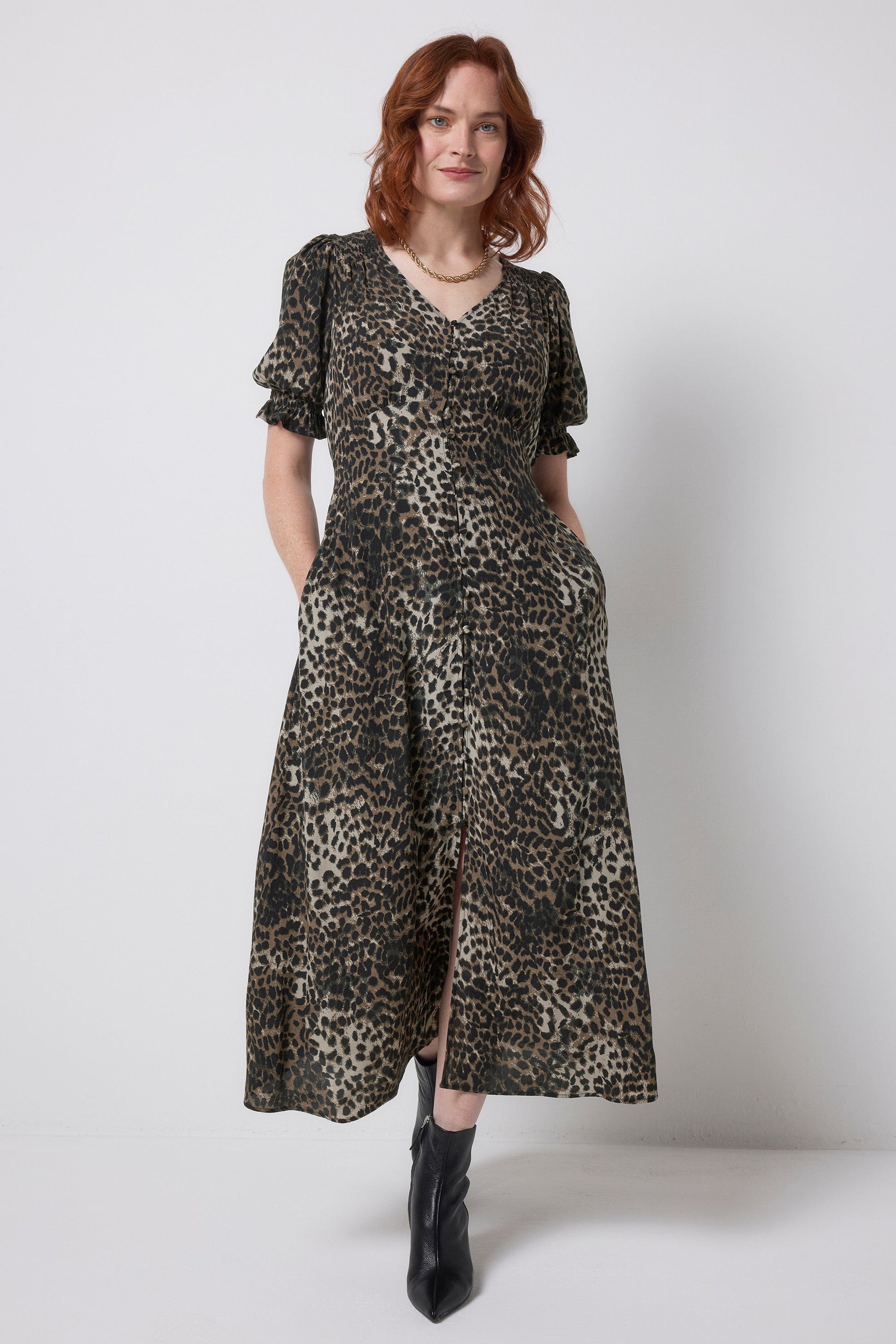 Khaki Cheetah Flute Sleeve Midi Tea Dress