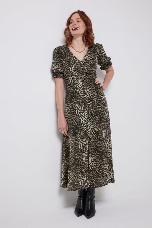 Khaki Cheetah Flute Sleeve Midi Tea Dress