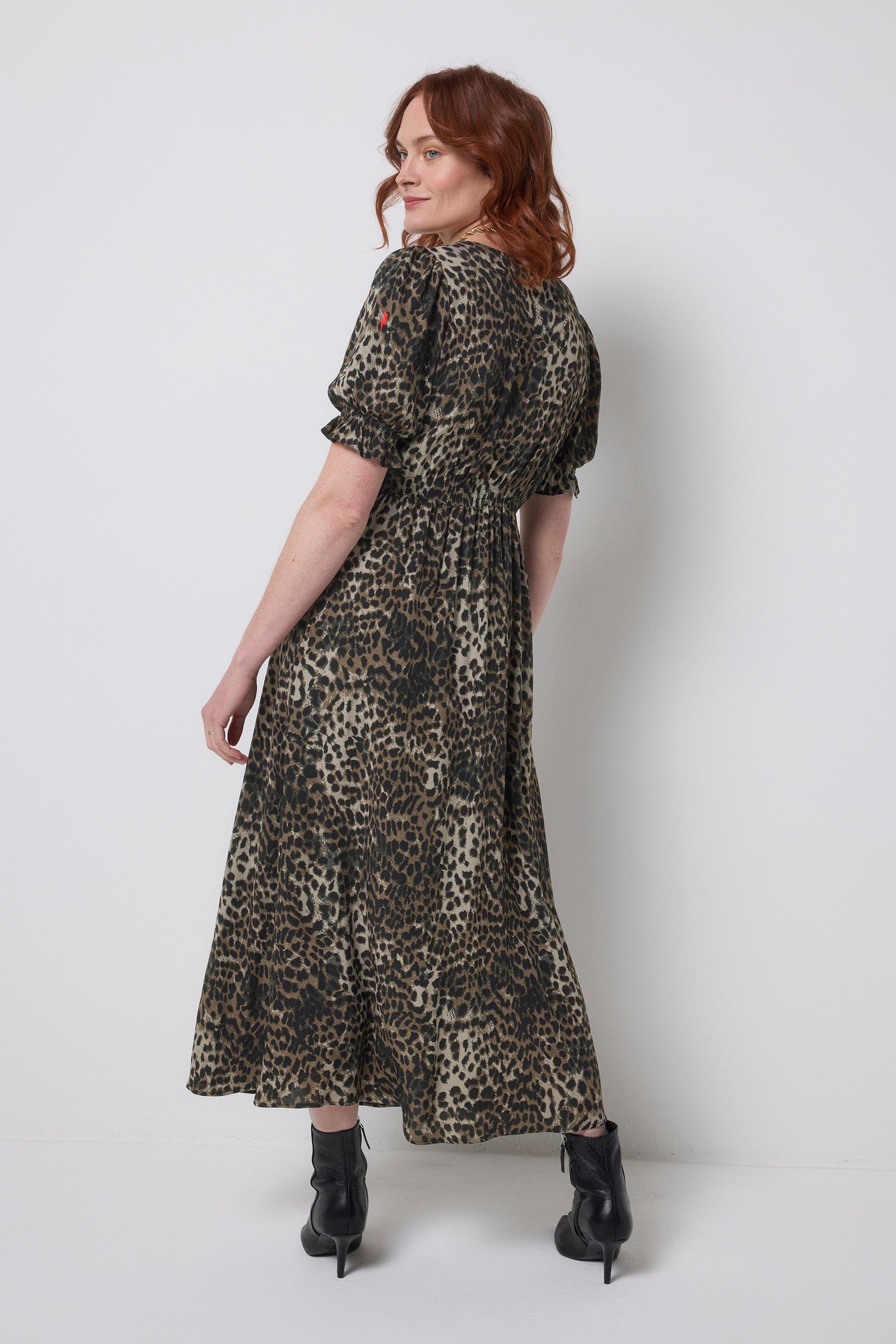 Khaki Cheetah Flute Sleeve Midi Tea Dress