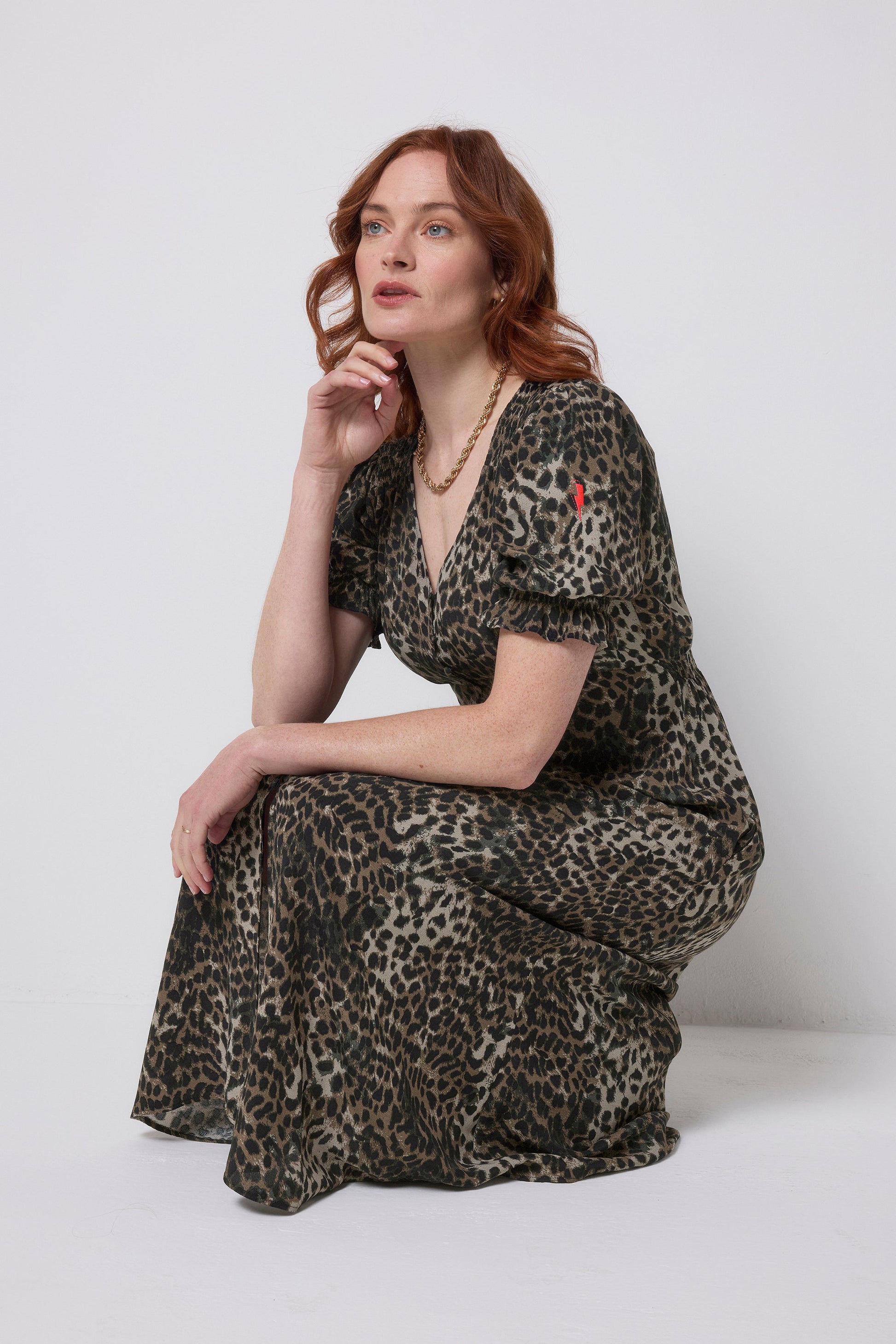 Khaki Cheetah Flute Sleeve Midi Tea Dress