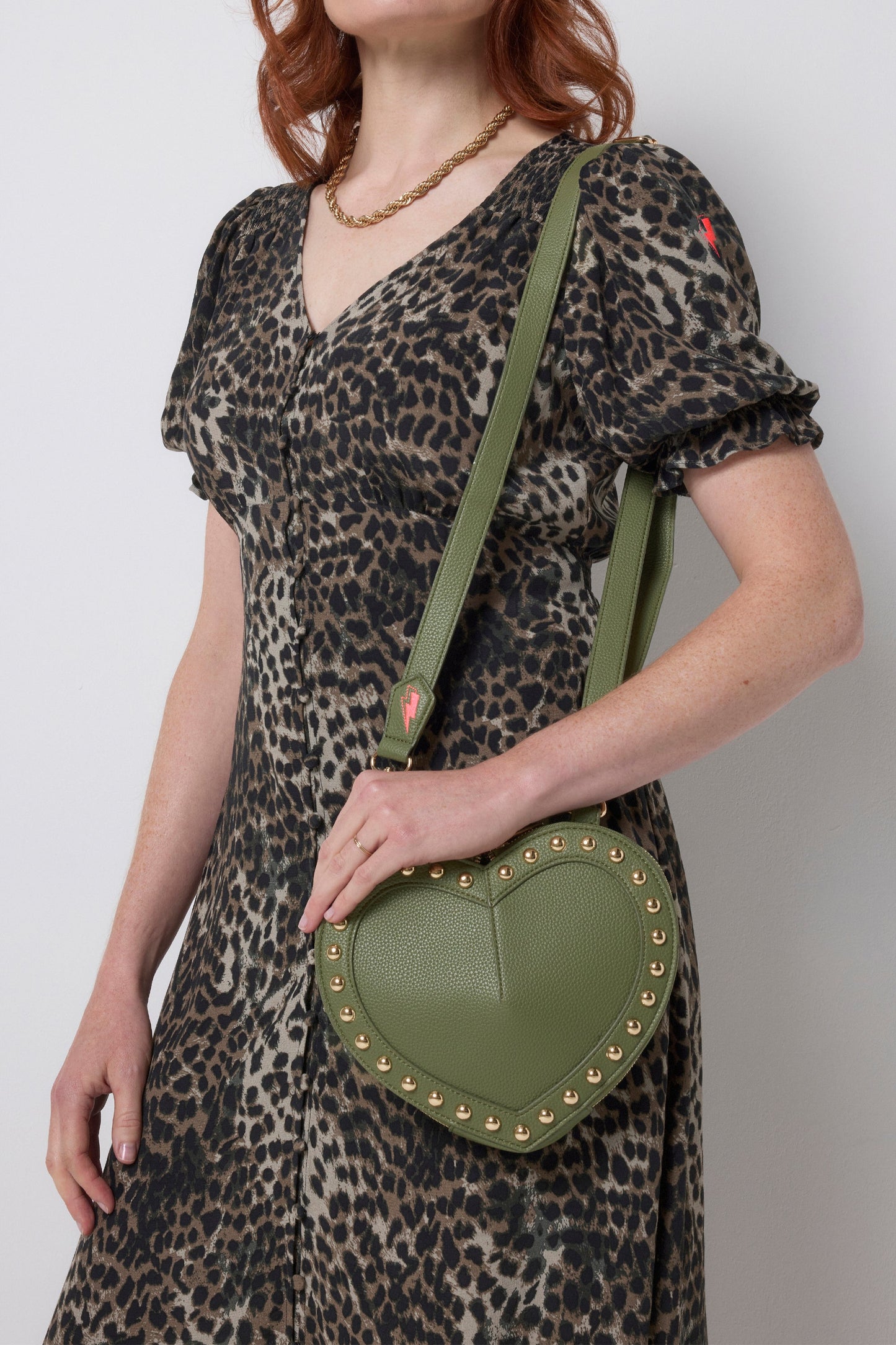 Khaki Heart Studded Cross Body Bag