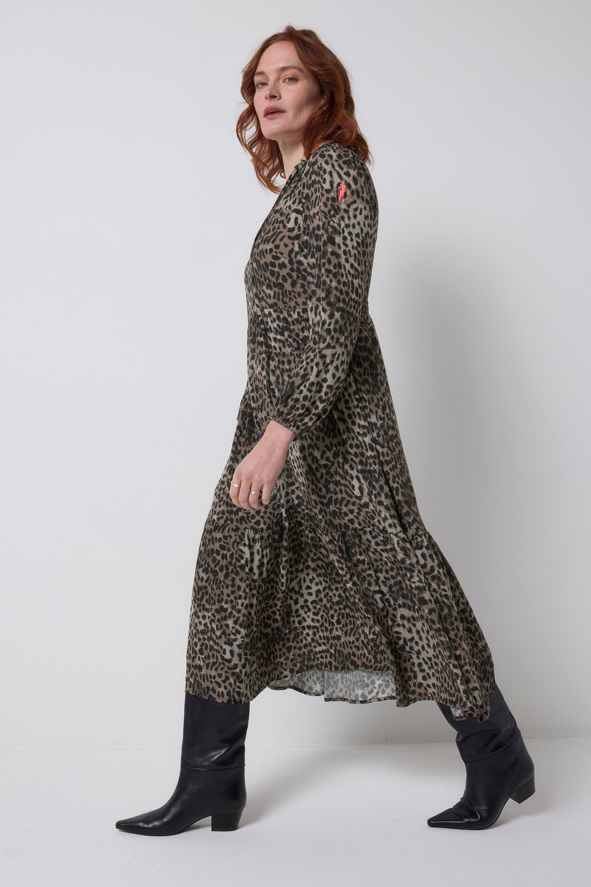Khaki Cheetah Blouson Sleeve Tie Front Midi Dress