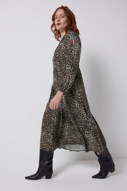 Khaki Cheetah Blouson Sleeve Tie Front Midi Dress