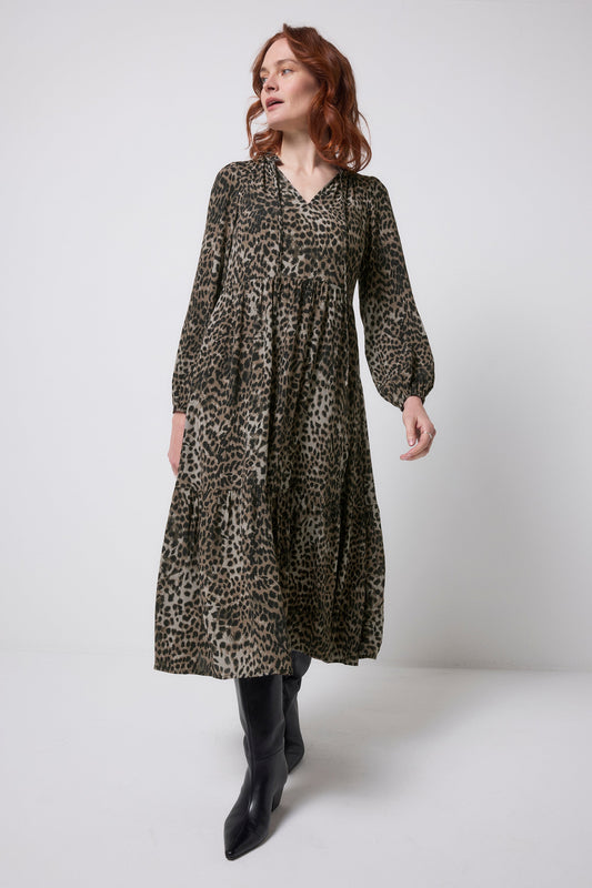 Khaki Cheetah Blouson Sleeve Tie Front Midi Dress