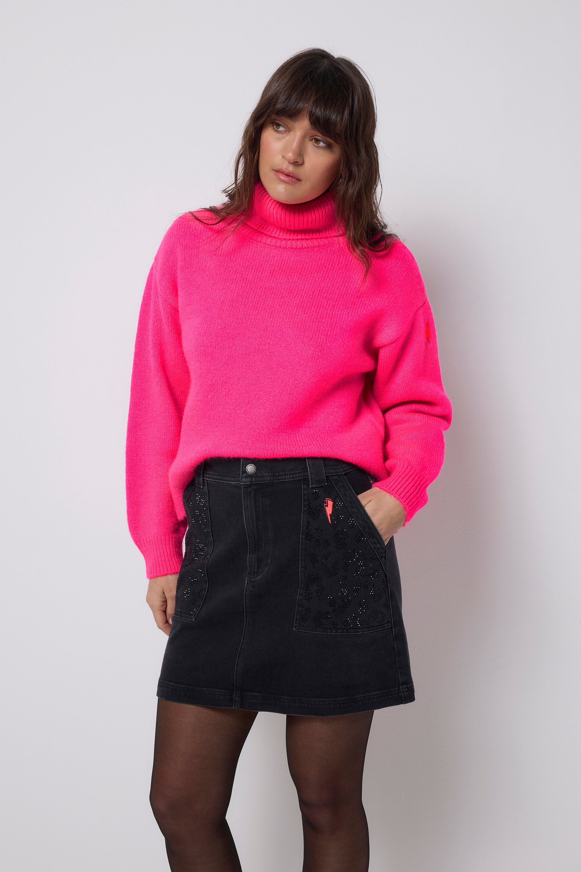 Washed Black Embellished Leopard Patch Pocket Denim Mini Skirt