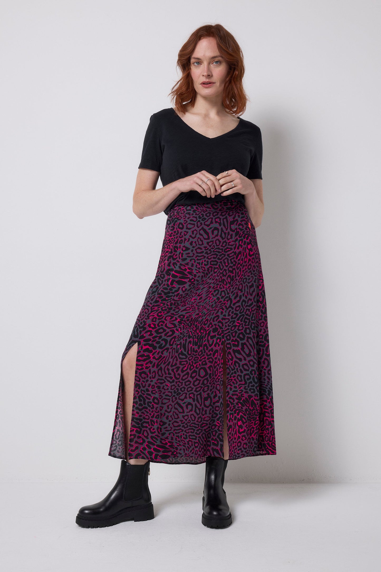 Grey with Pink Leopard Ray Split Front Skirt