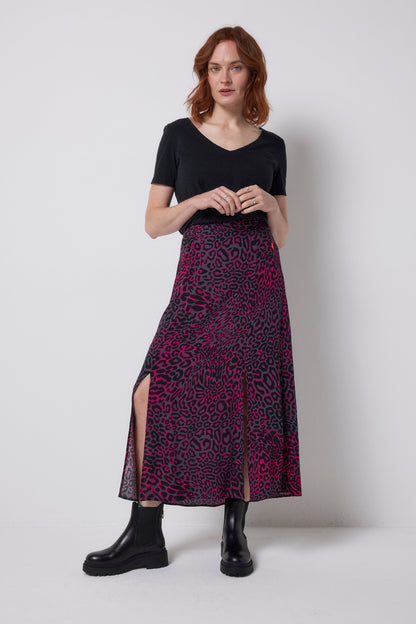 Grey with Pink Leopard Ray Split Front Skirt