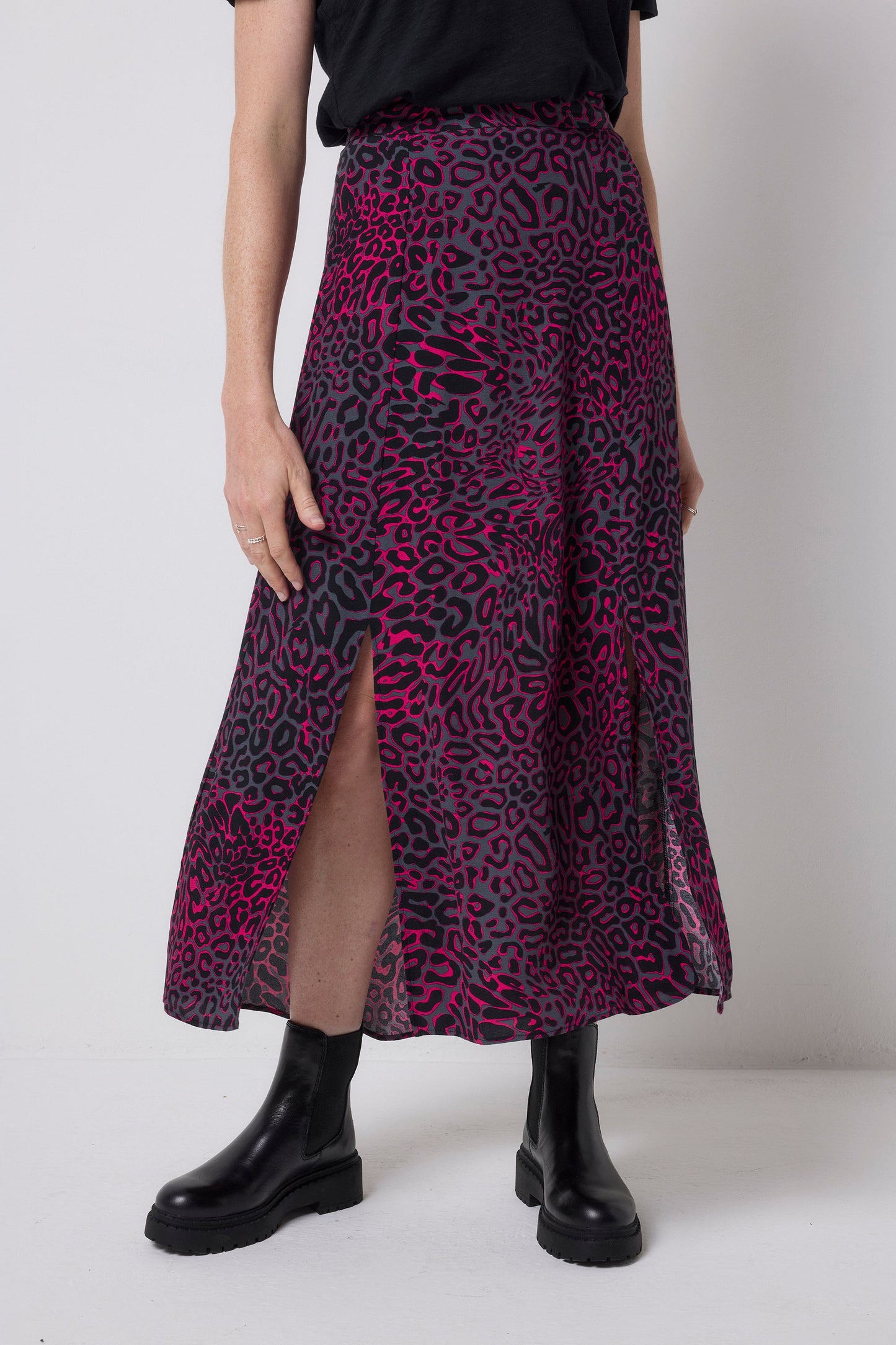 Grey with Pink Leopard Ray Split Front Skirt