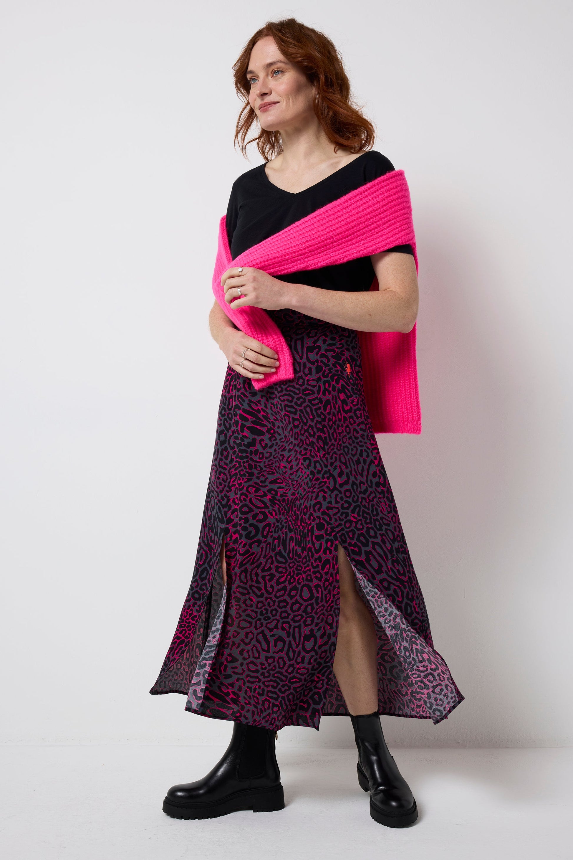 Grey with Pink Leopard Ray Split Front Skirt