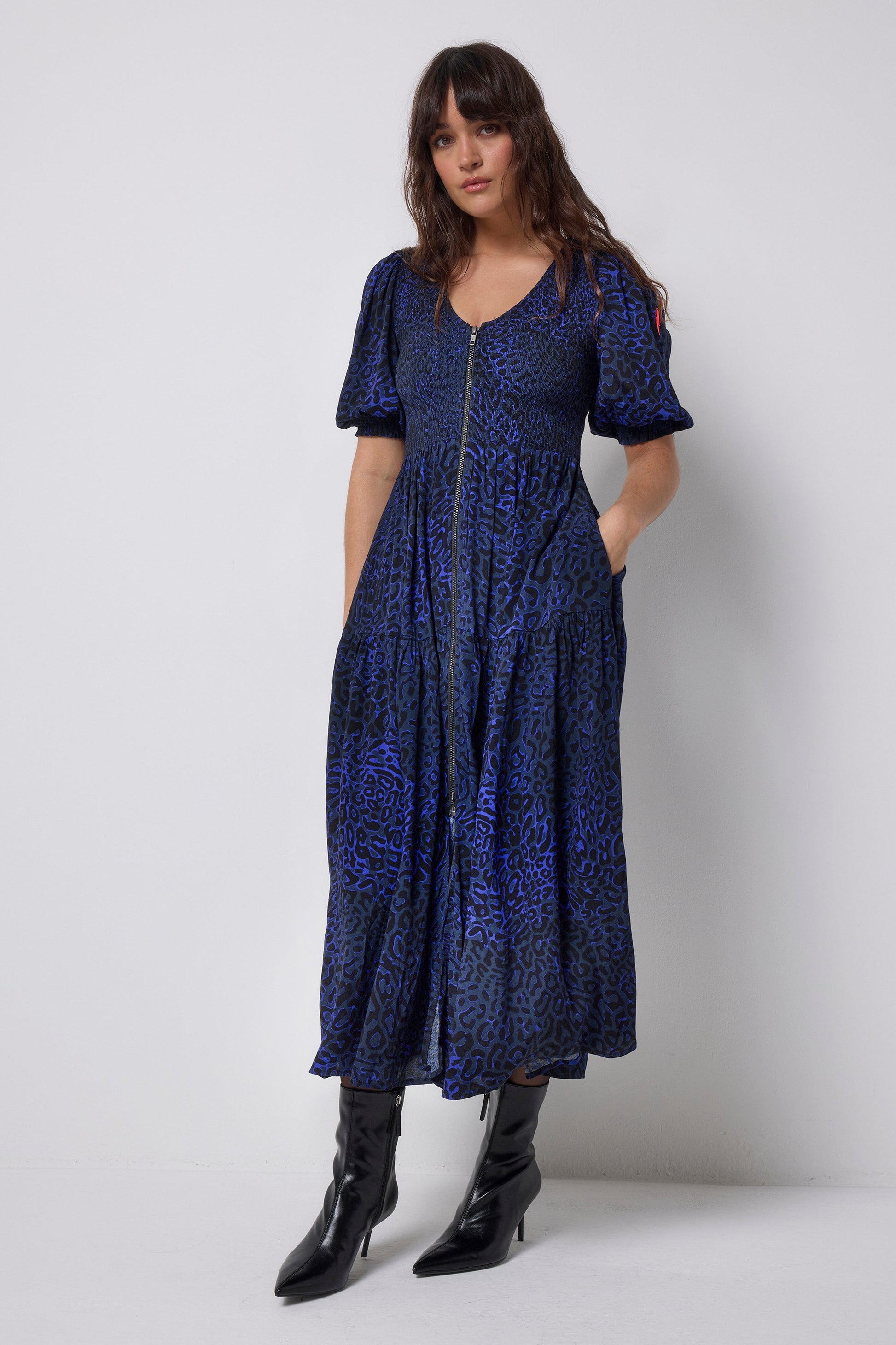 Navy Leopard Ray Shirred Zip Detail Midi Dress