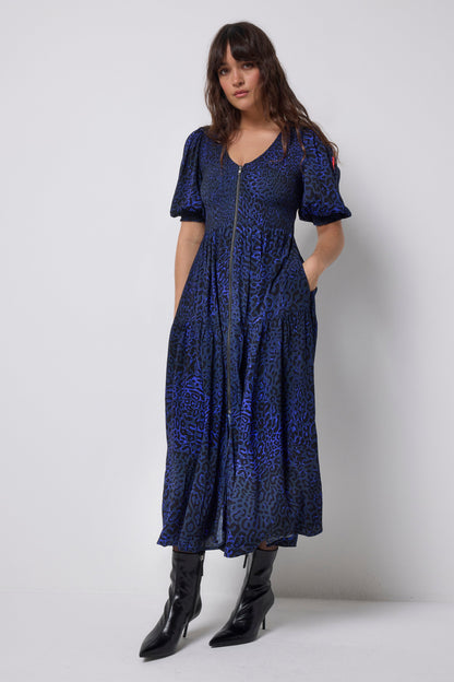 Navy Leopard Ray Shirred Zip Detail Midi Dress