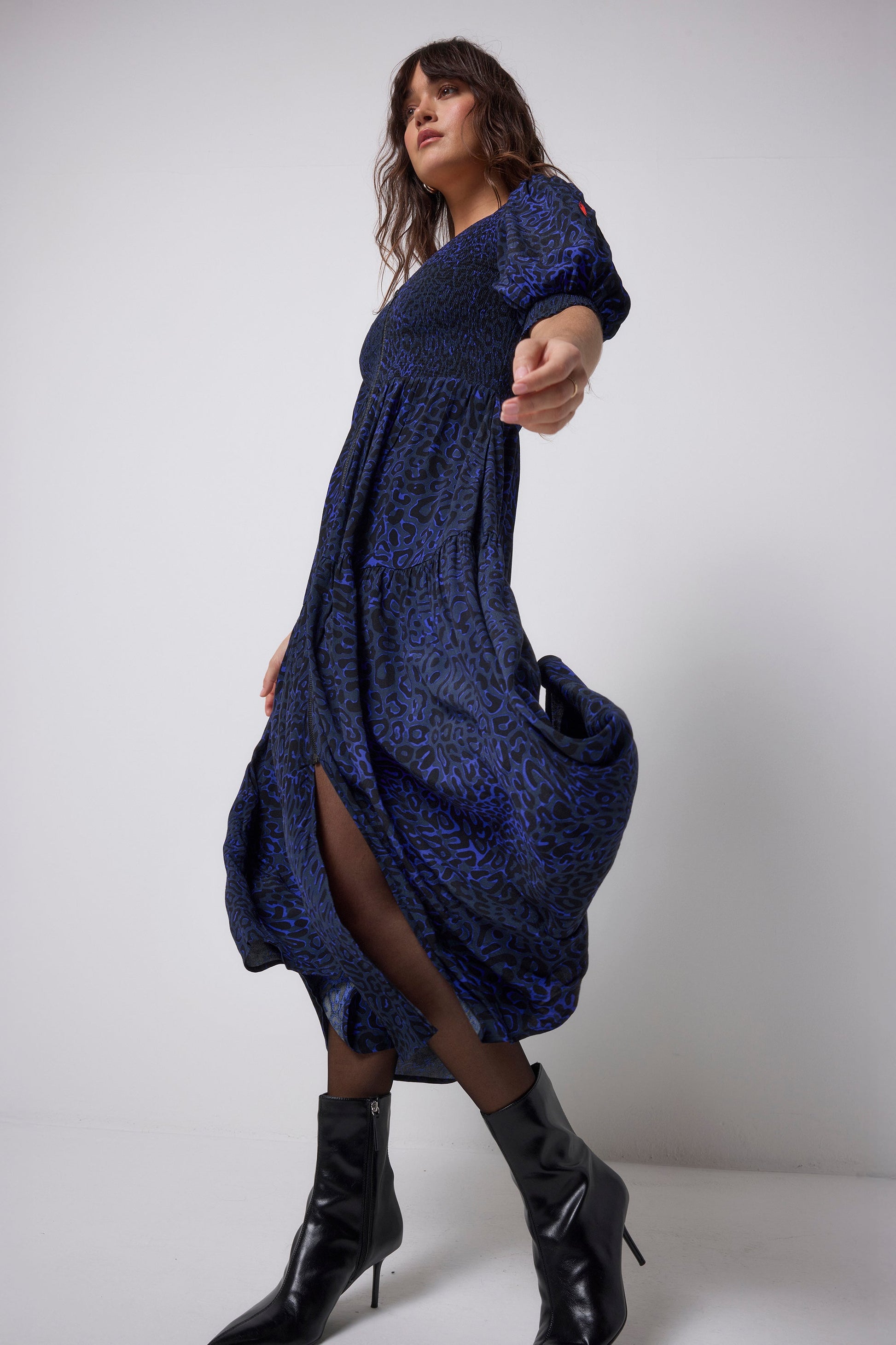 Navy Leopard Ray Shirred Zip Detail Midi Dress