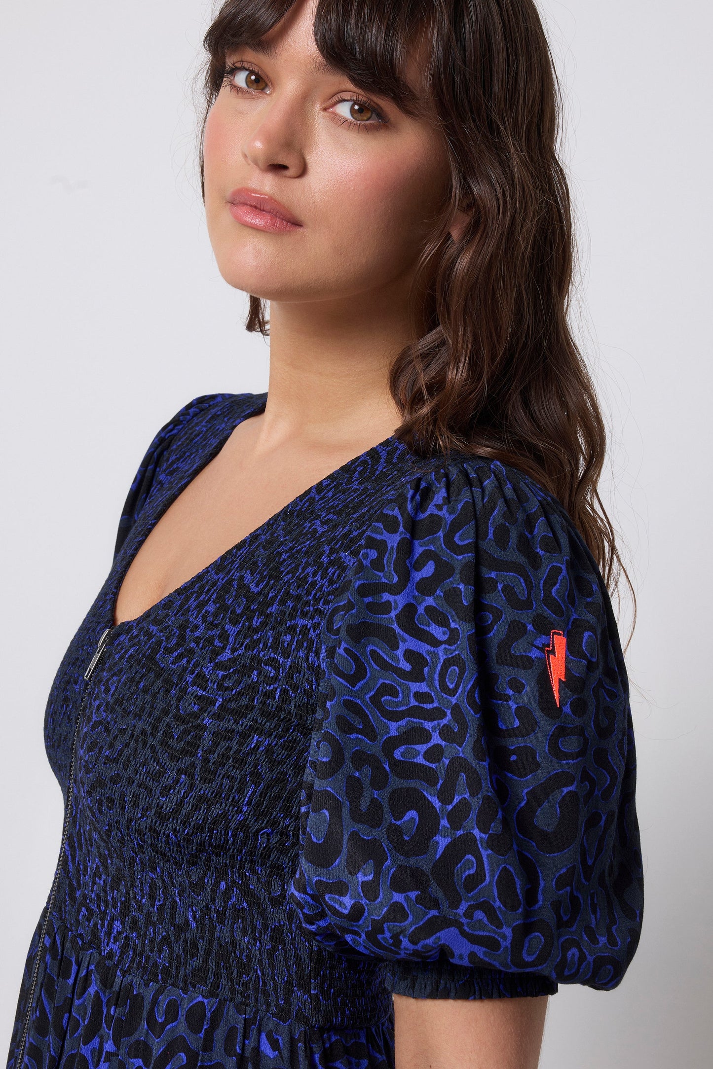 Navy Leopard Ray Shirred Zip Detail Midi Dress