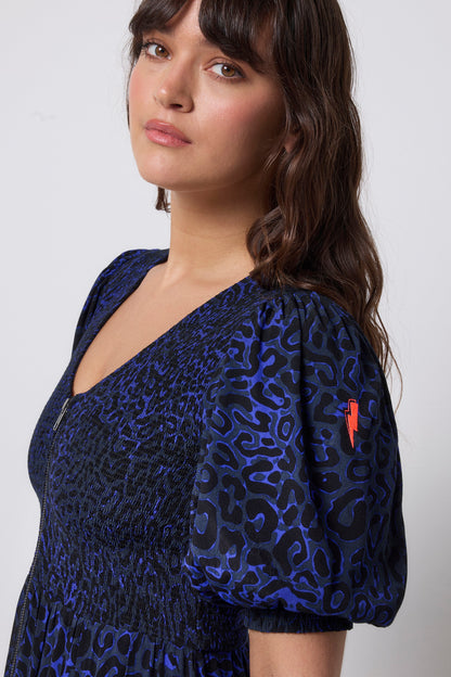 Navy Leopard Ray Shirred Zip Detail Midi Dress