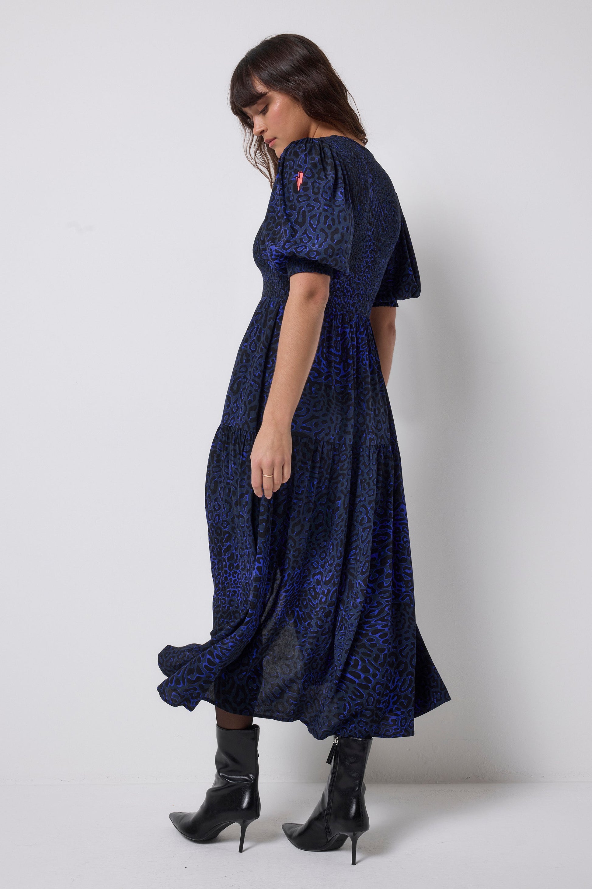 Navy Leopard Ray Shirred Zip Detail Midi Dress