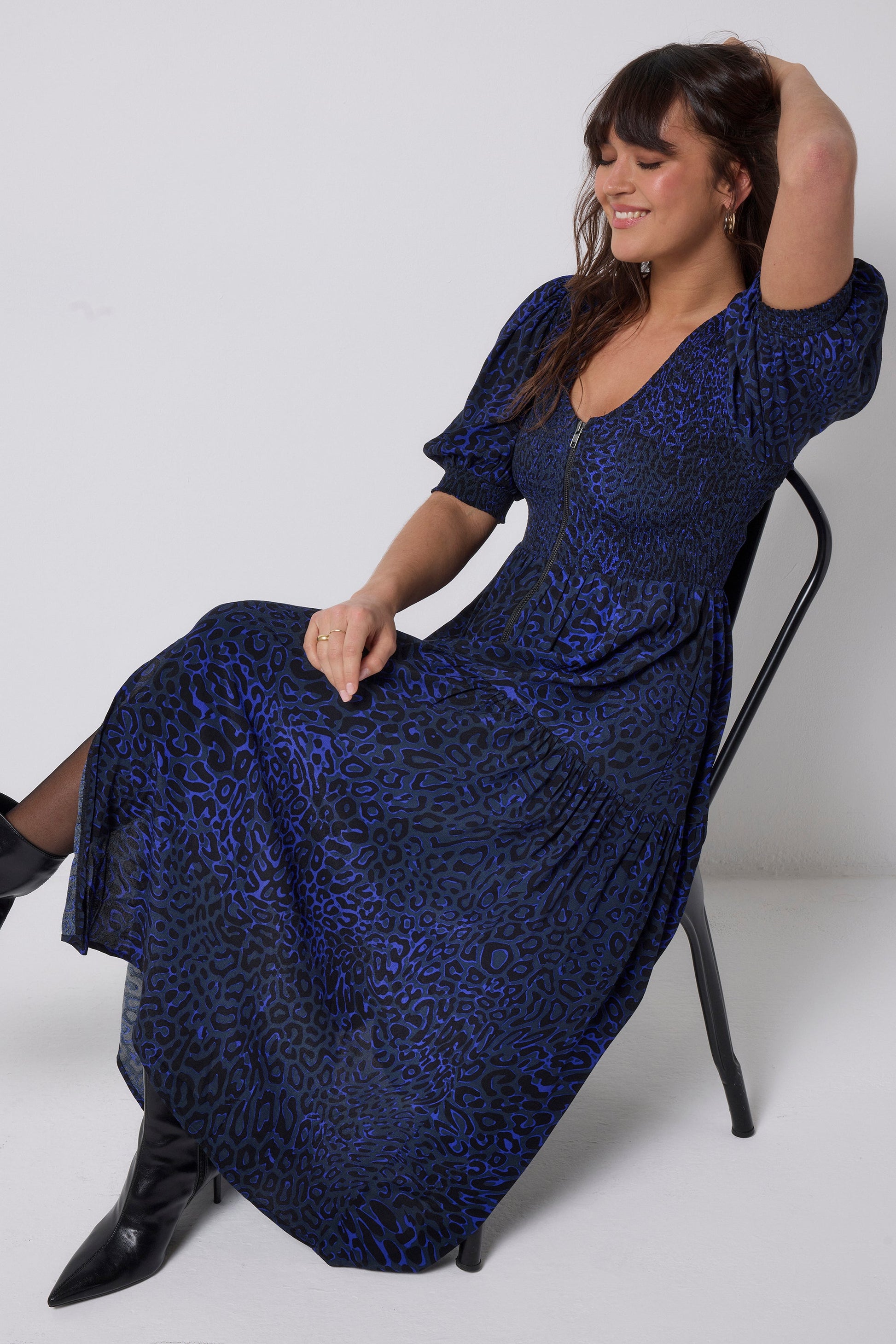 Navy Leopard Ray Shirred Zip Detail Midi Dress